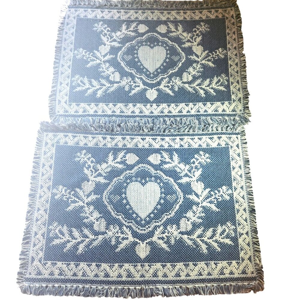 Set Of 2 placemats Blue White Heart Floral Woven Fringe cottagecore grannycore